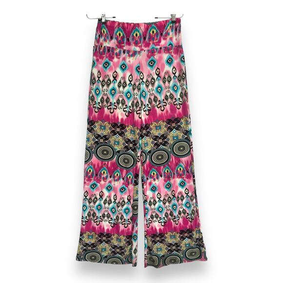 WinWin Wide Leg Palazzo Pants S/M Flowy Stretchy Pink Blue Artsy Hippie Boho - Picture 1 of 12